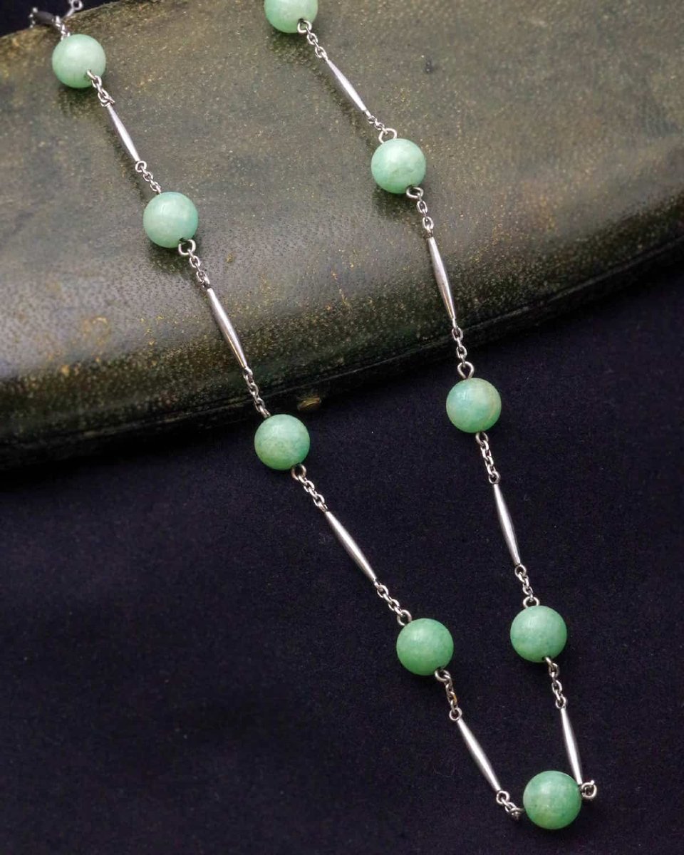 Collier perles d'amazonite en argent, collier fin Art Deco début Rétro-photo-4