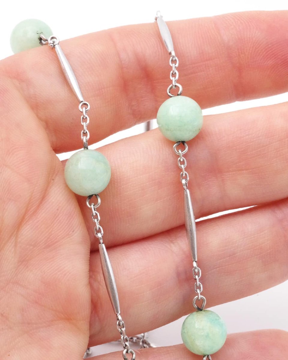 Collier perles d'amazonite en argent, collier fin Art Deco début Rétro-photo-1