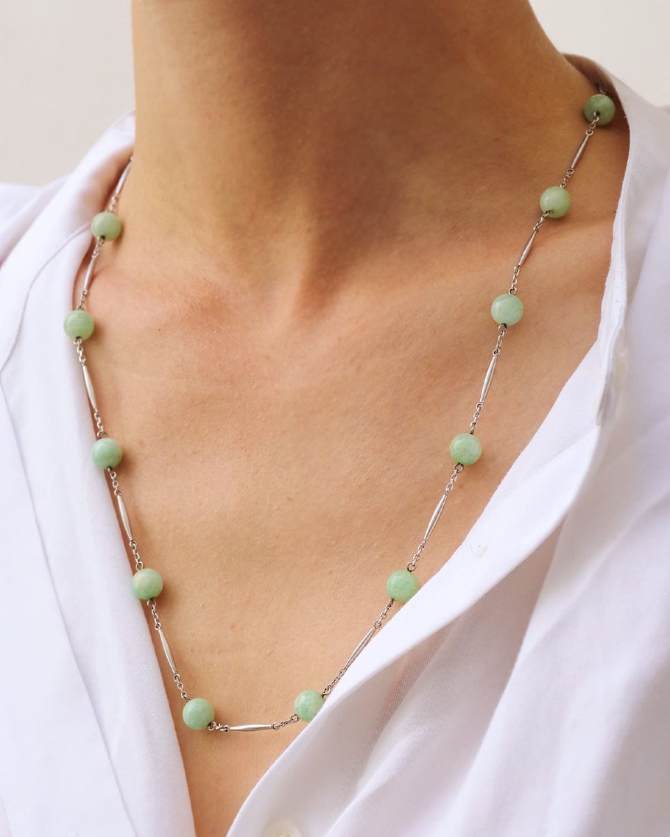 Collier perles d'amazonite en argent, collier fin Art Deco début Rétro-photo-2