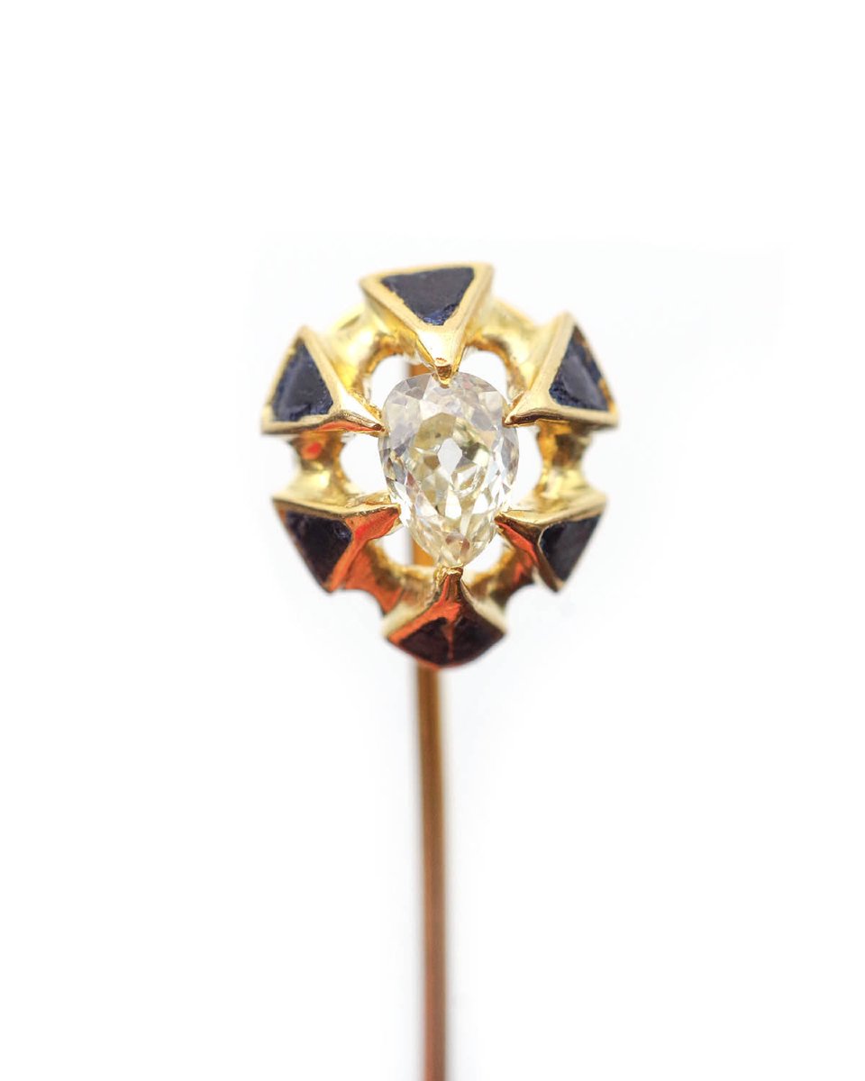 Épingle de cravate Art Nouveau diamant poire en or émaillé 18 karats