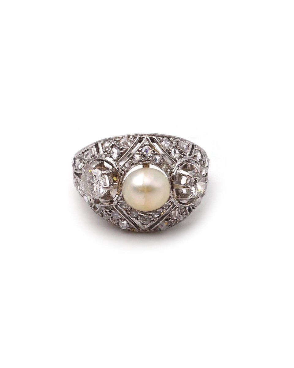 Bague cocktail perle diamants en platine -photo-1