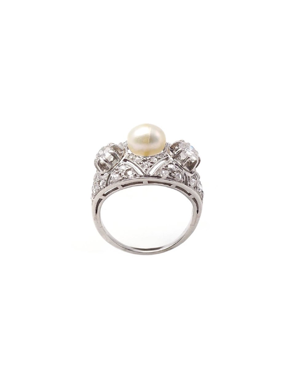 Bague cocktail perle diamants en platine -photo-3