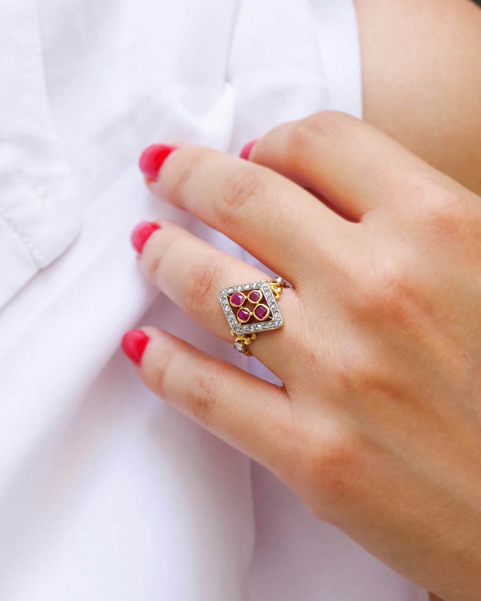 Bague losange rubis diamants en or 18 karats -photo-2