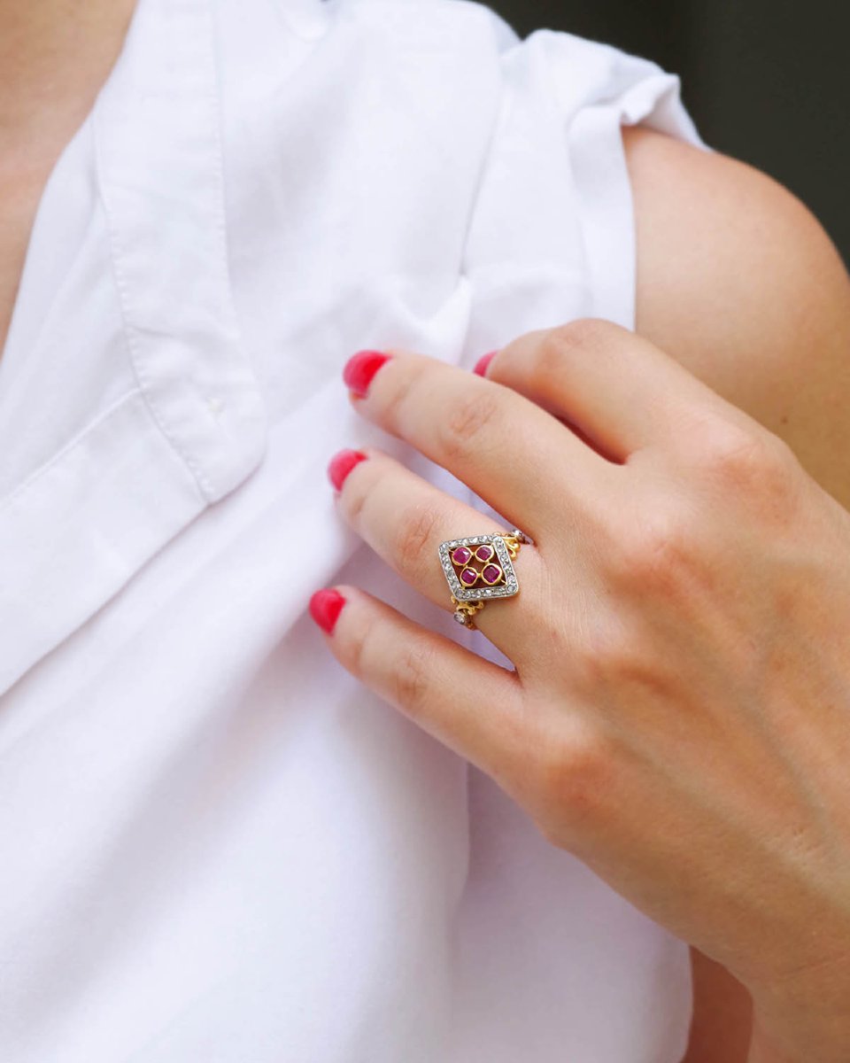 Bague losange rubis diamants en or 18 karats -photo-2
