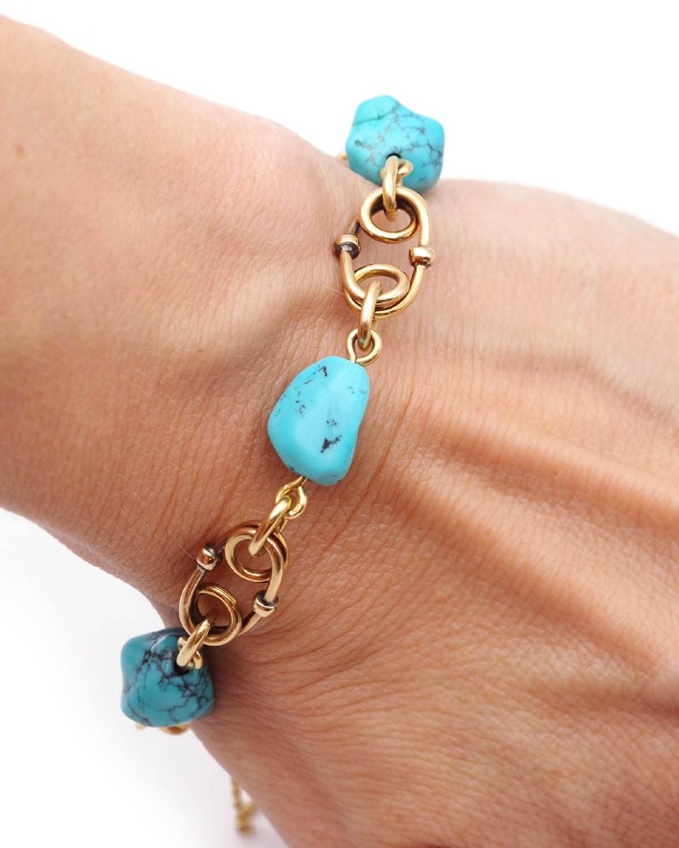 Vintage Turquoise Bracelet In 18 Karat Gold -photo-2