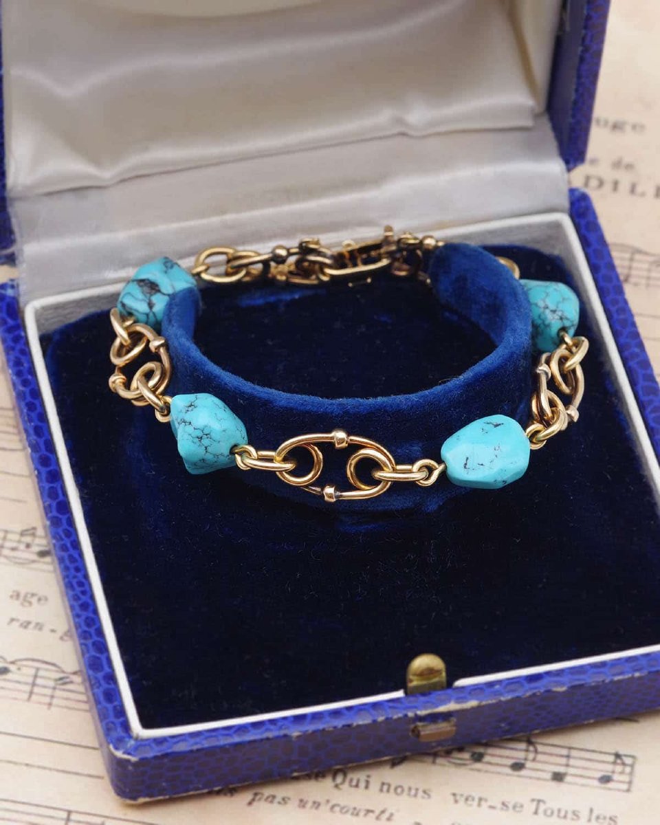 Vintage Turquoise Bracelet In 18 Karat Gold -photo-3