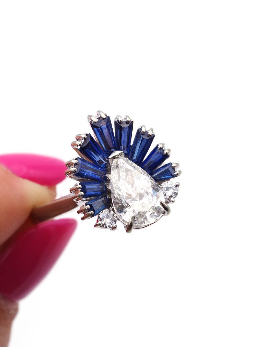 1.70 Ct Diamond Sapphire Cocktail Ring In 18 Karat White Gold -photo-1