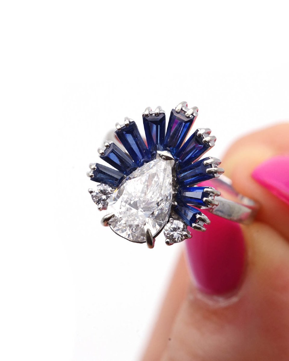 1.70 Ct Diamond Sapphire Cocktail Ring In 18 Karat White Gold -photo-2