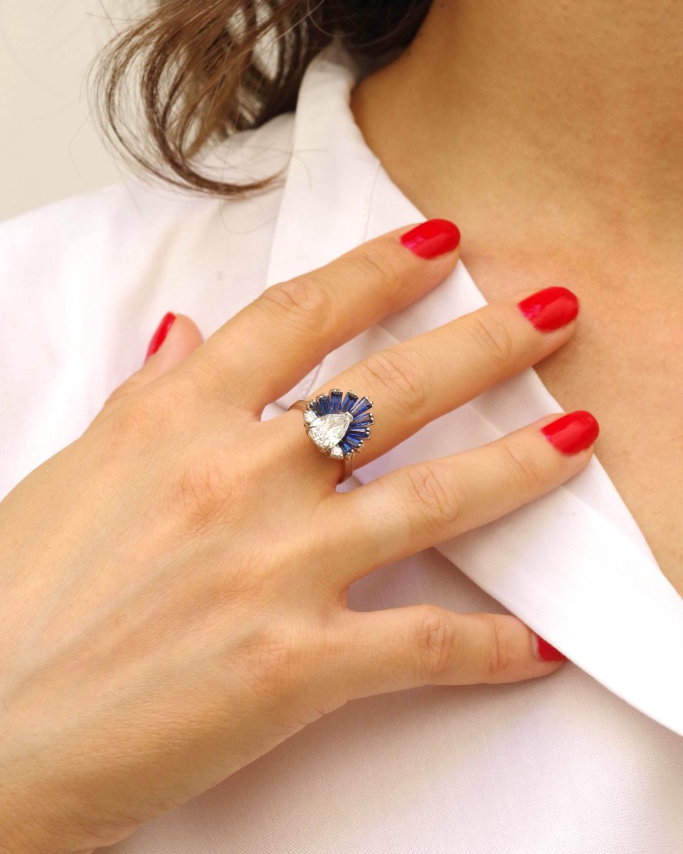 1.70 Ct Diamond Sapphire Cocktail Ring In 18 Karat White Gold -photo-5