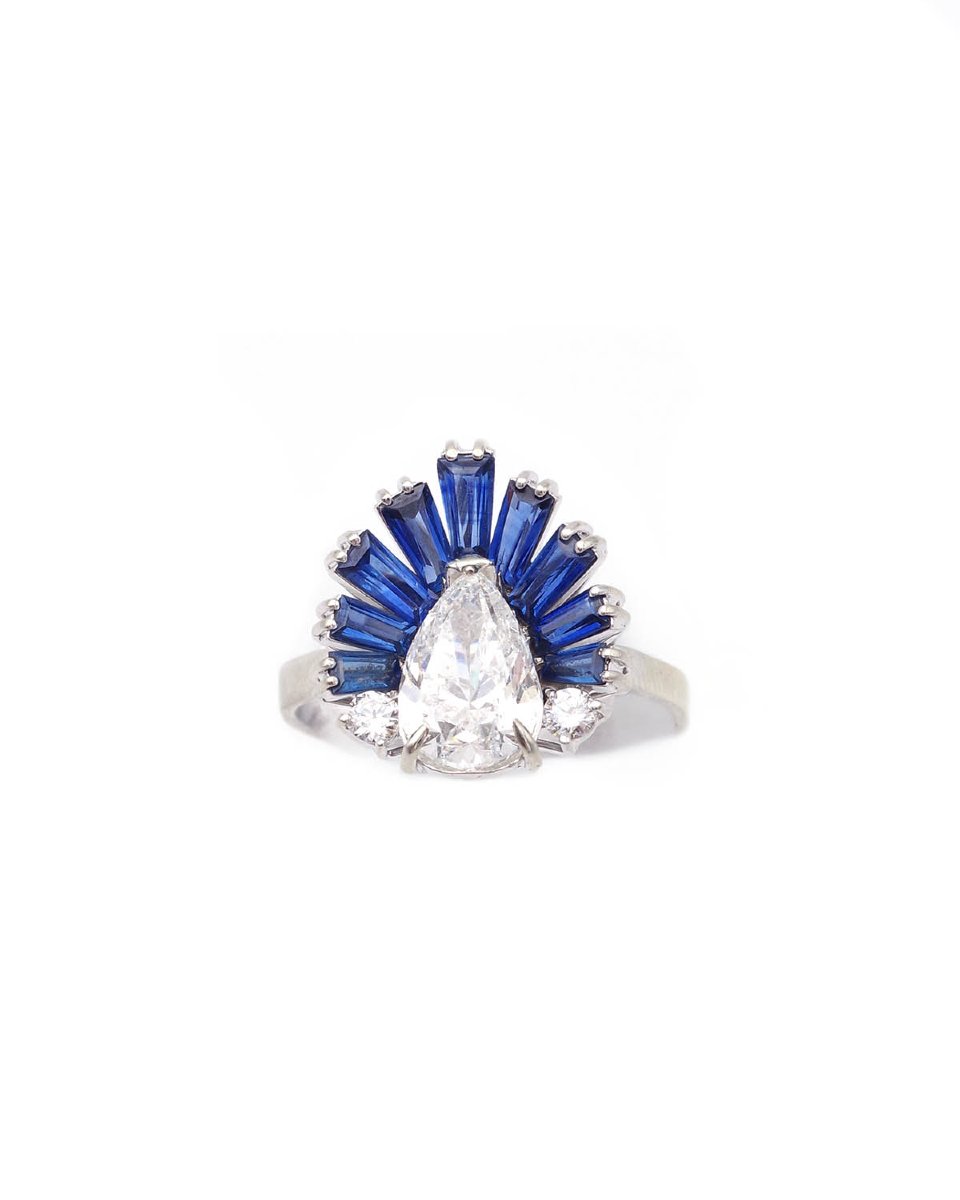 1.70 Ct Diamond Sapphire Cocktail Ring In 18 Karat White Gold 