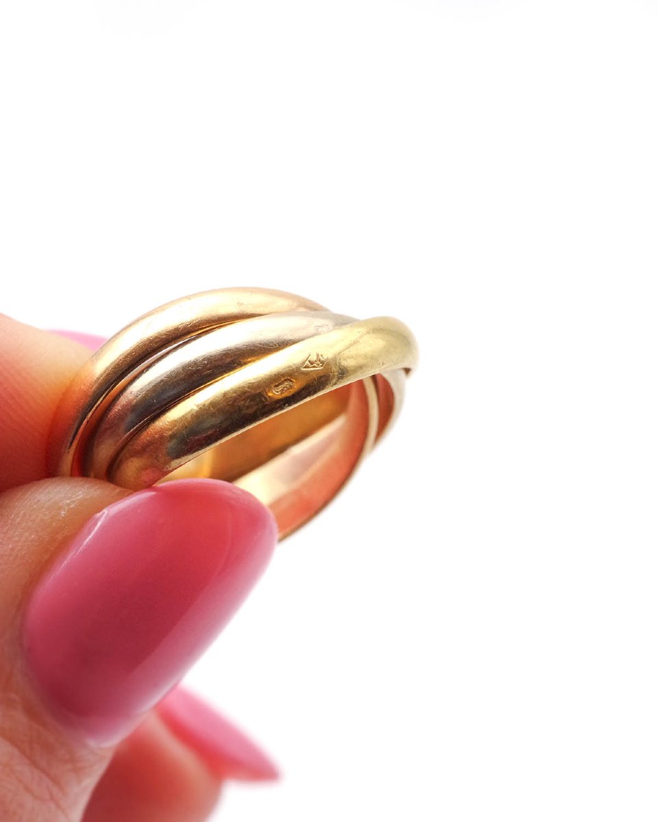 Alliance triple anneaux, style Trinity, en or blanc, rose et jaune 18k-photo-3