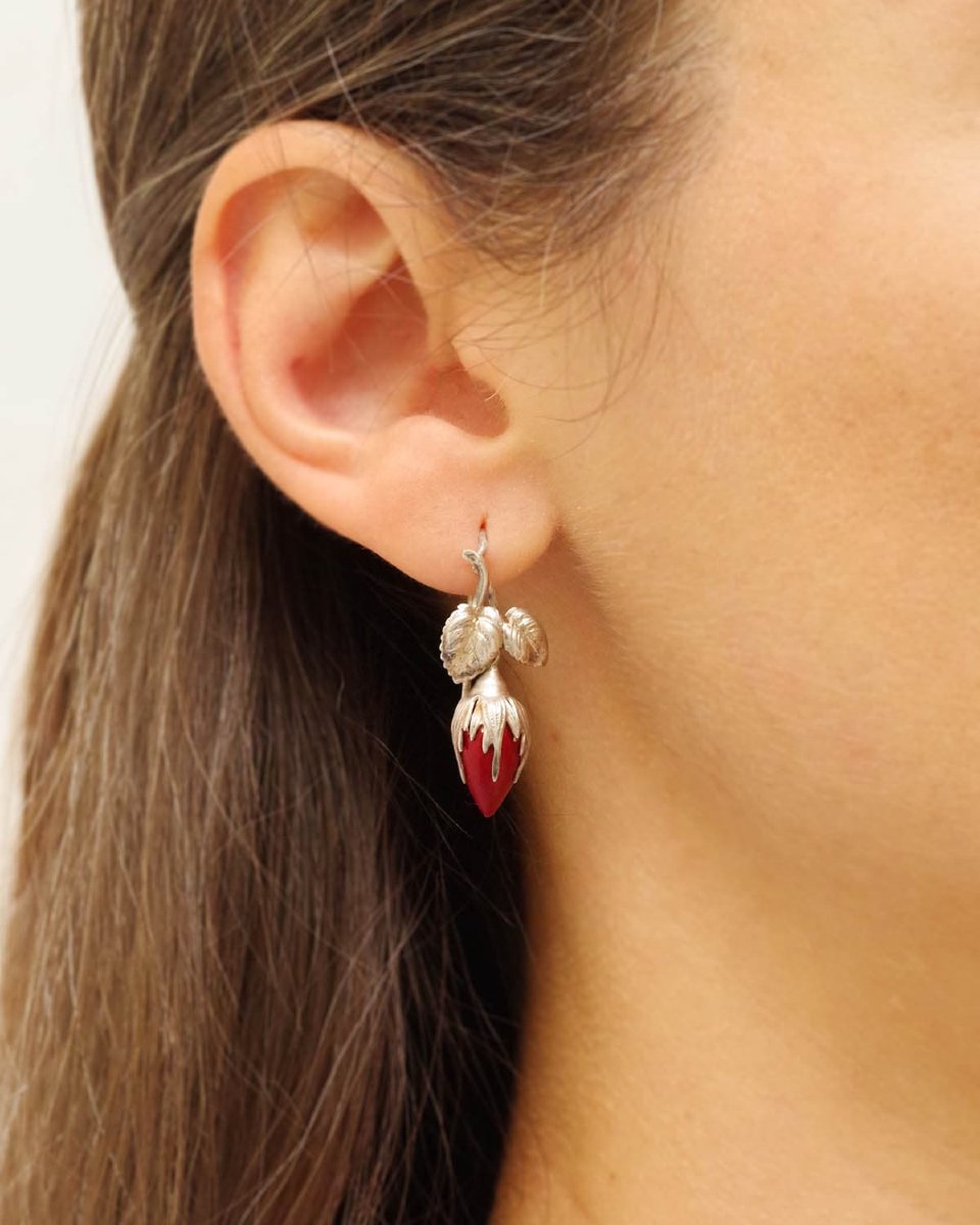 French Victorian Silver-tone Rose Bud Earrings With Red Glass Pearls, Circa 1880 -photo-2