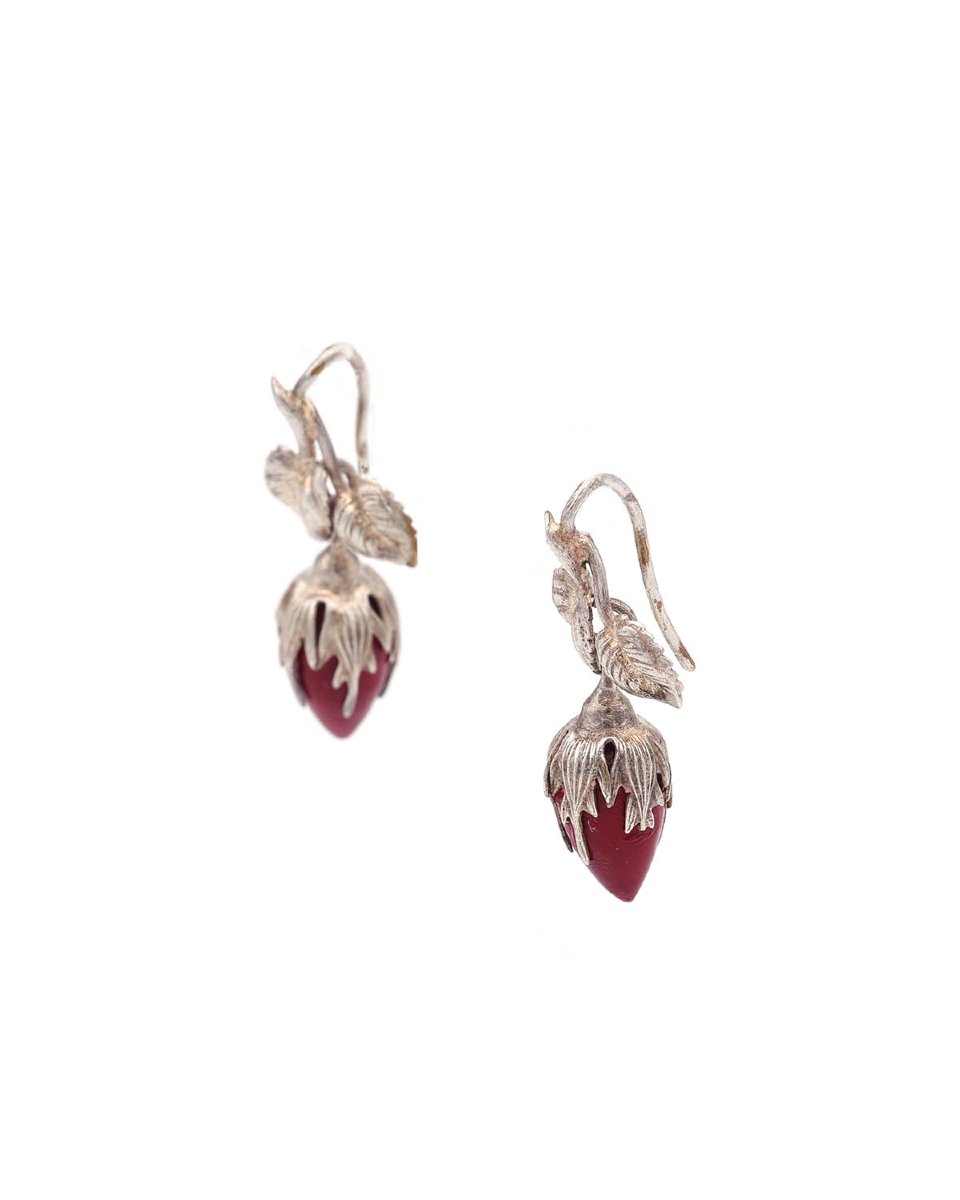 French Victorian Silver-tone Rose Bud Earrings With Red Glass Pearls, Circa 1880 -photo-4