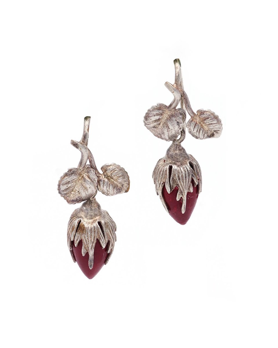French Victorian Silver-tone Rose Bud Earrings With Red Glass Pearls, Circa 1880 
