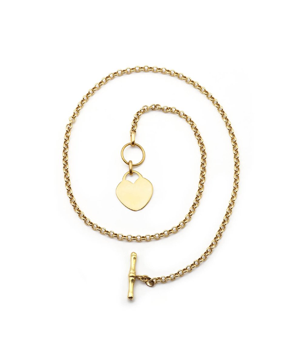 French Y2k 18k Gold Chain With T Bar Toggle Clasp, Vintage 2000s Solid Gold Flat Heart Charm