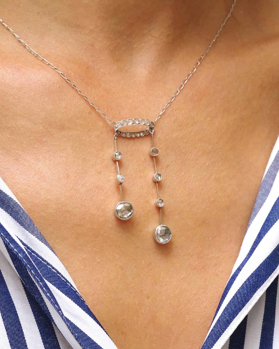 French Edwardian Belle époque Négligé Necklace With 1.8 Ct Rose-cut Diamonds In Platinum-photo-2