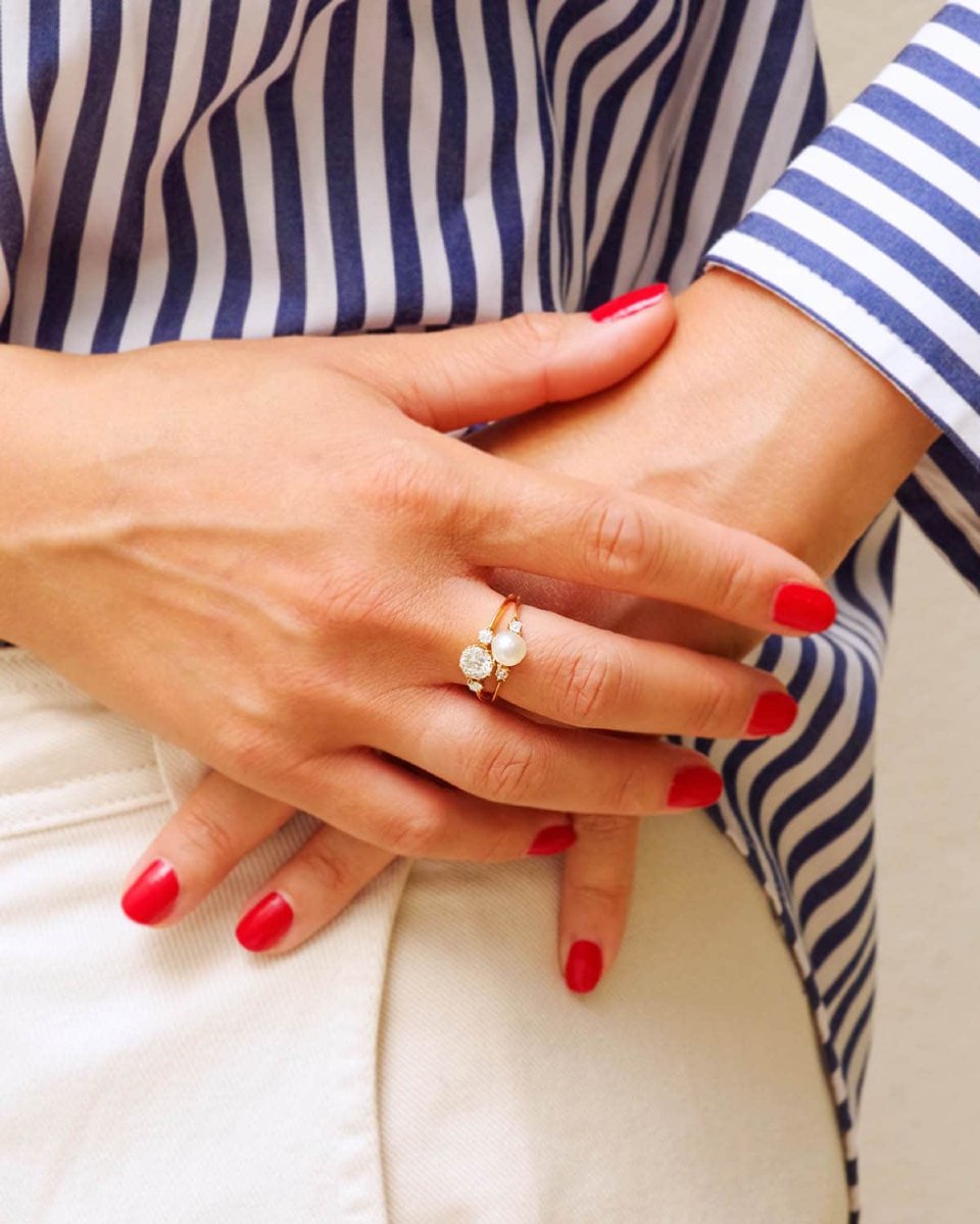Bague Toi Moi perle fine diamant en platine et or 18 karats-photo-3