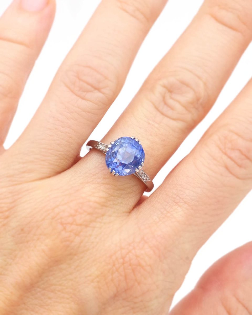 French Art Deco Platinum Solitaire Ring, 6.27ct No Heat Natural Oval Sapphire Ring-photo-2