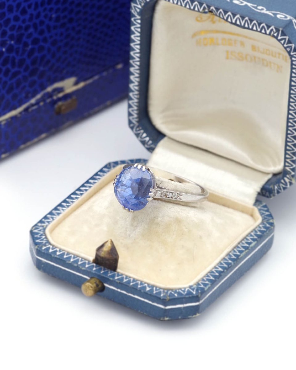 French Art Deco Platinum Solitaire Ring, 6.27ct No Heat Natural Oval Sapphire Ring-photo-3