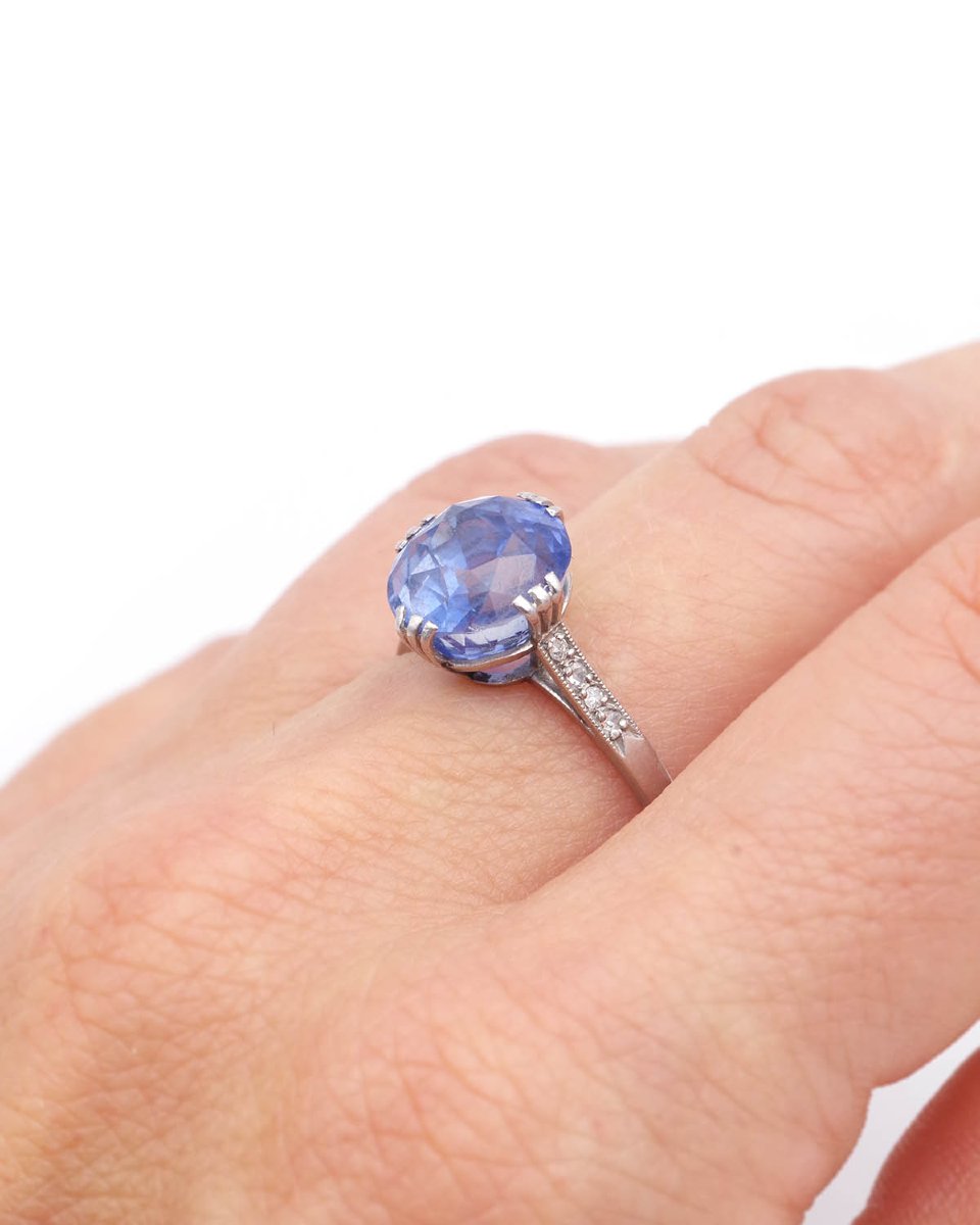 French Art Deco Platinum Solitaire Ring, 6.27ct No Heat Natural Oval Sapphire Ring-photo-4