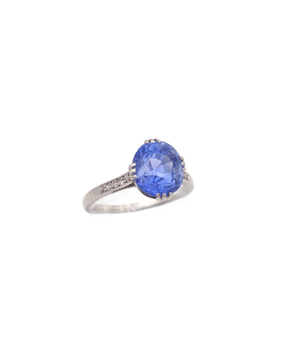 French Art Deco Platinum Solitaire Ring, 6.27ct No Heat Natural Oval Sapphire Ring-photo-5