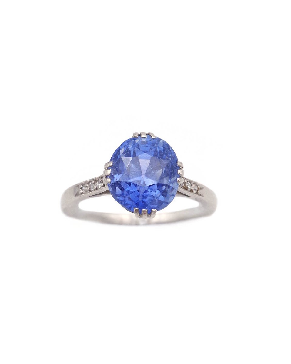 French Art Deco Platinum Solitaire Ring, 6.27ct No Heat Natural Oval Sapphire Ring