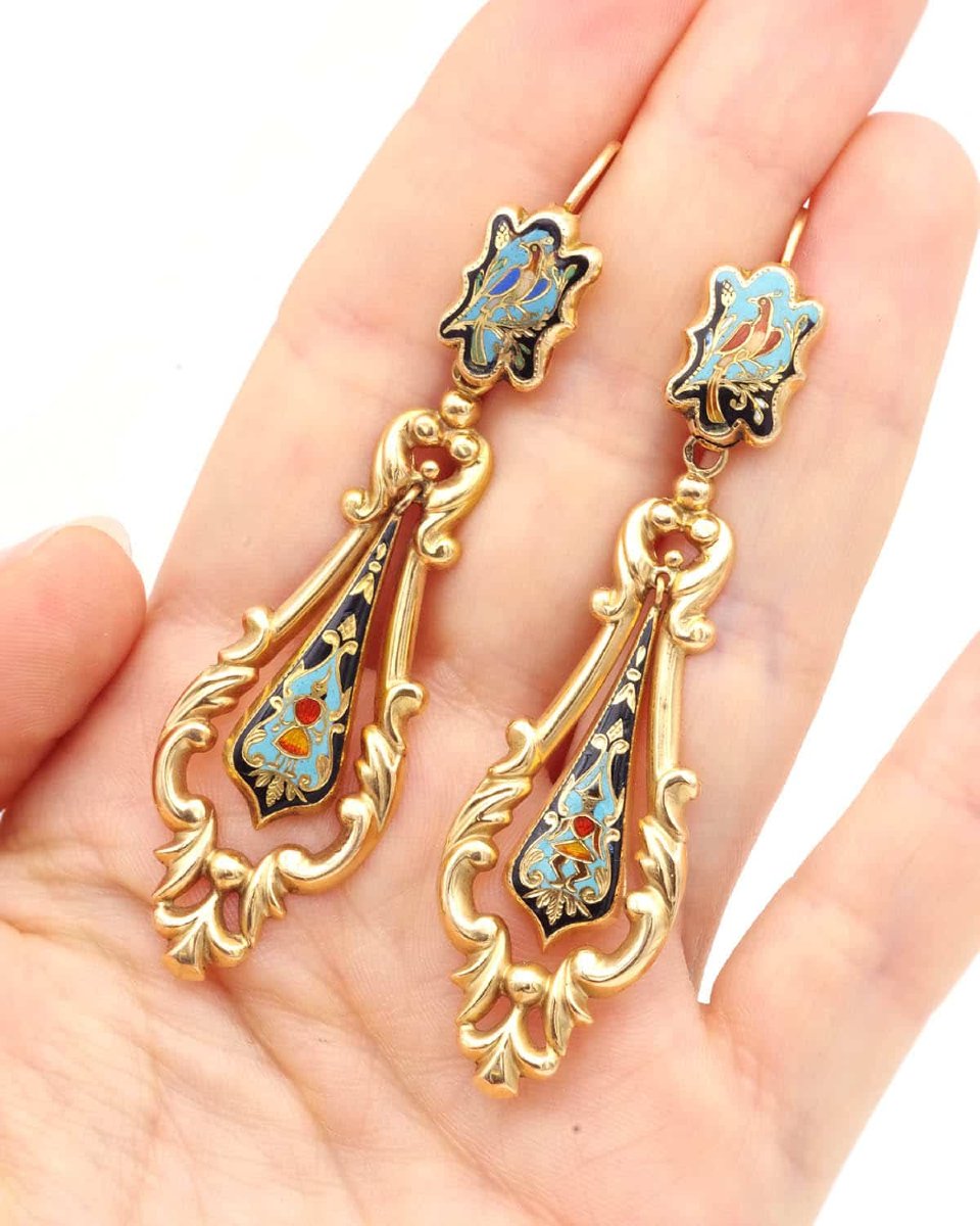 Antique French Georgian 18k Gold Enamel Drop Earrings, Louis Philippe -photo-2