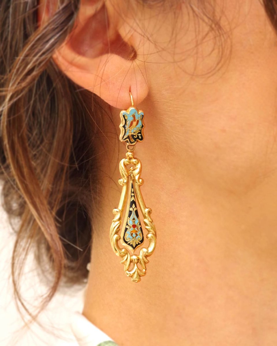 Antique French Georgian 18k Gold Enamel Drop Earrings, Louis Philippe -photo-4