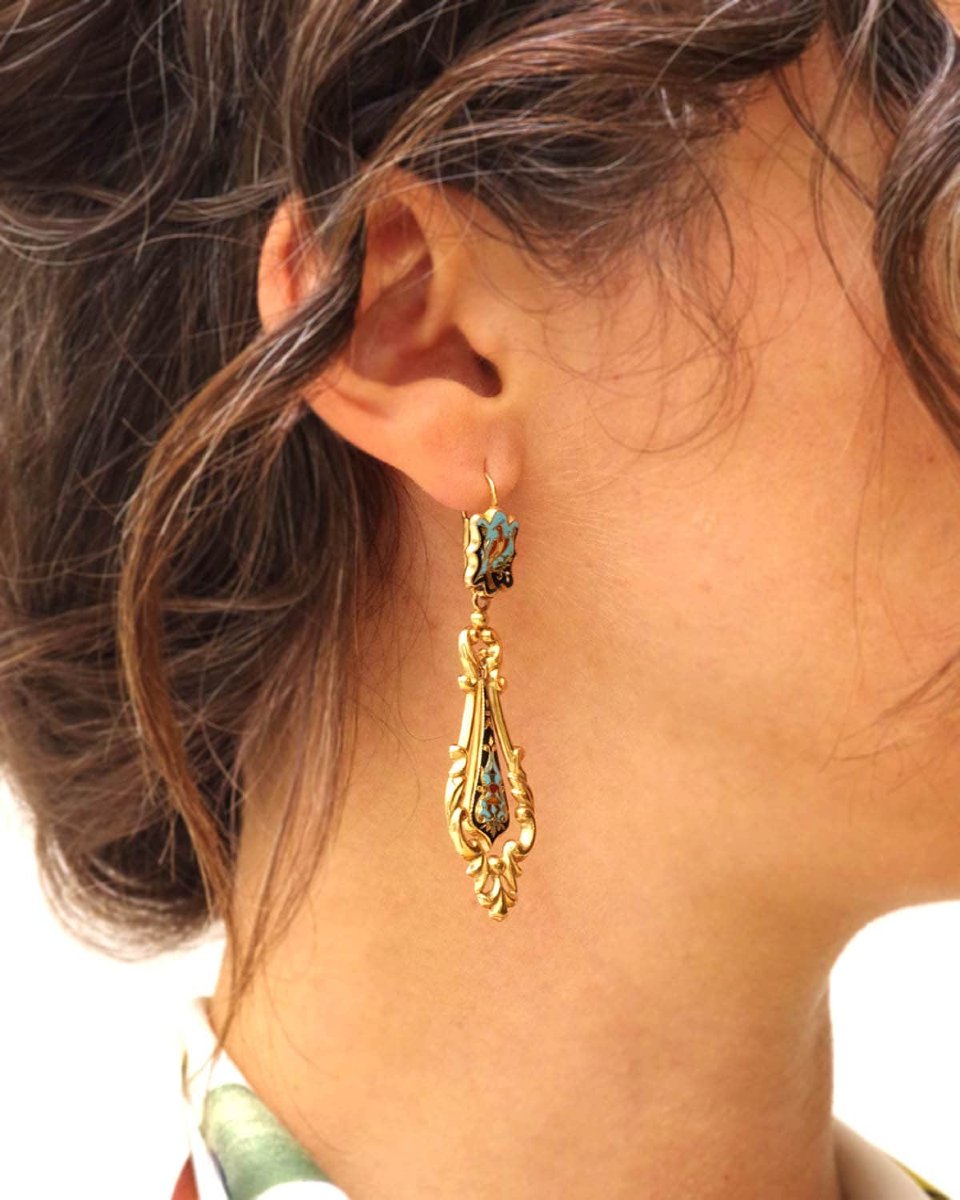 Antique French Georgian 18k Gold Enamel Drop Earrings, Louis Philippe -photo-1