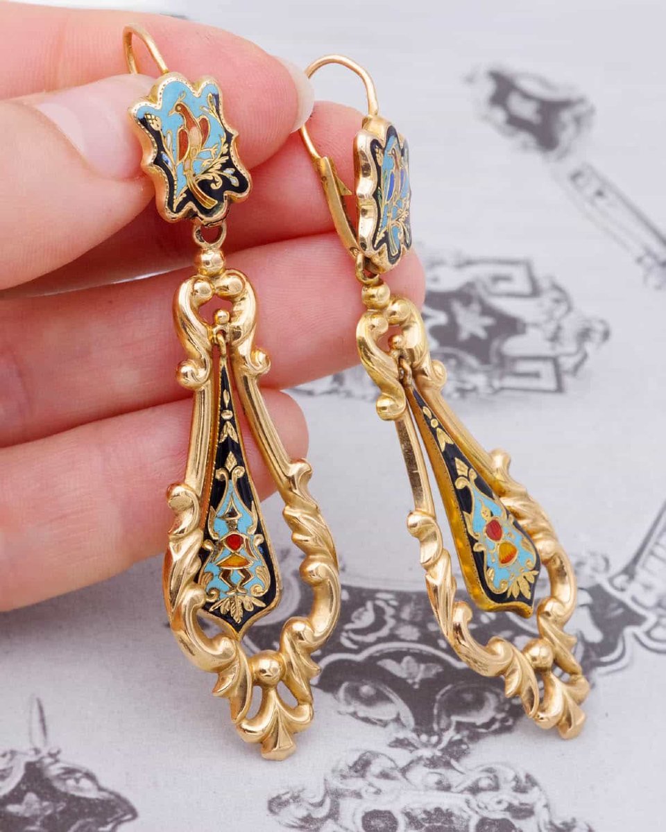 Antique French Georgian 18k Gold Enamel Drop Earrings, Louis Philippe -photo-3