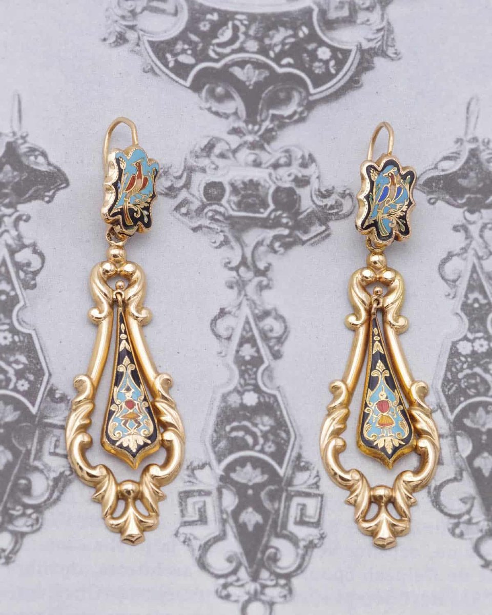 Antique French Georgian 18k Gold Enamel Drop Earrings, Louis Philippe -photo-4