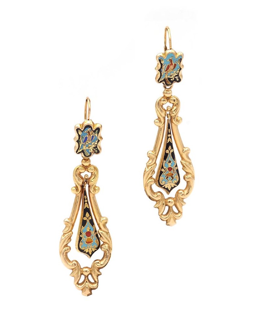 Antique French Georgian 18k Gold Enamel Drop Earrings, Louis Philippe 
