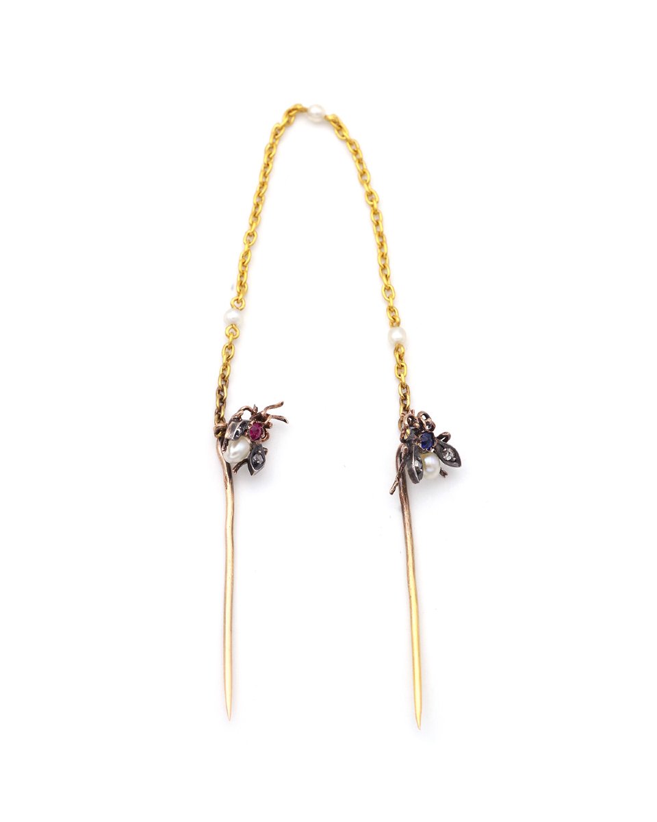 Double épingle mouches rubis saphir et perle en or 18k -photo-2