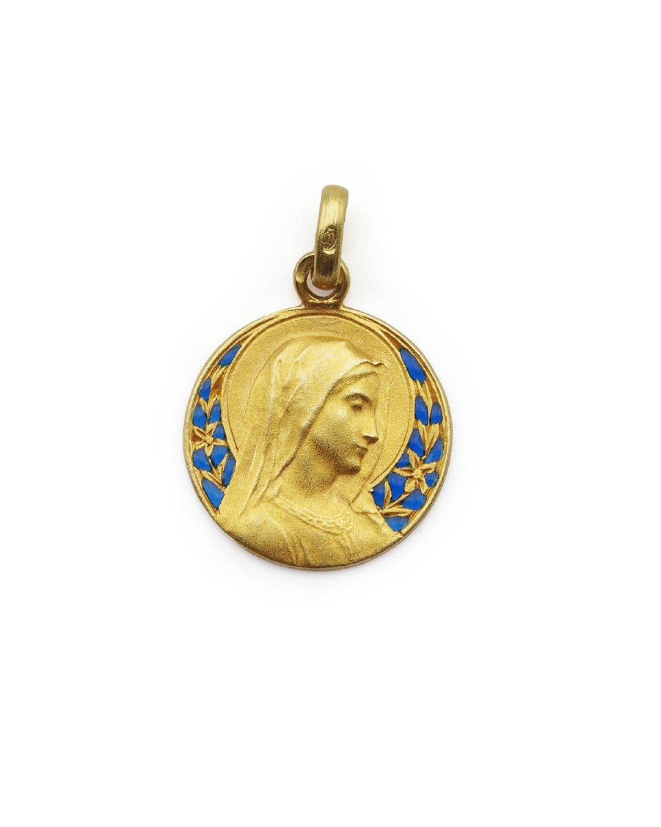 Médaille vierge émail plique à jour en or 18 karats