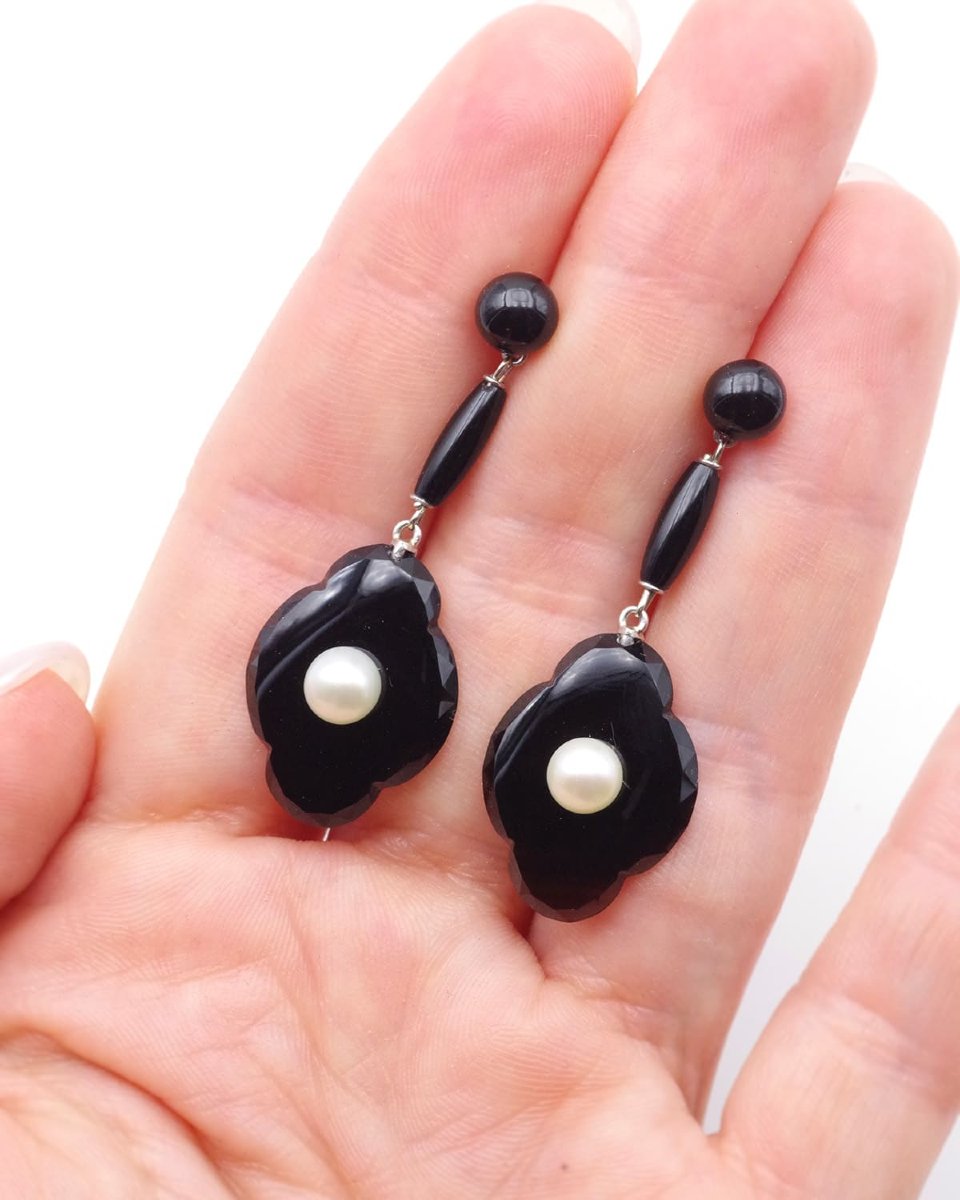 Antique French Gold Earrings With Onyx And Pearls, Gold And Platinum -photo-2