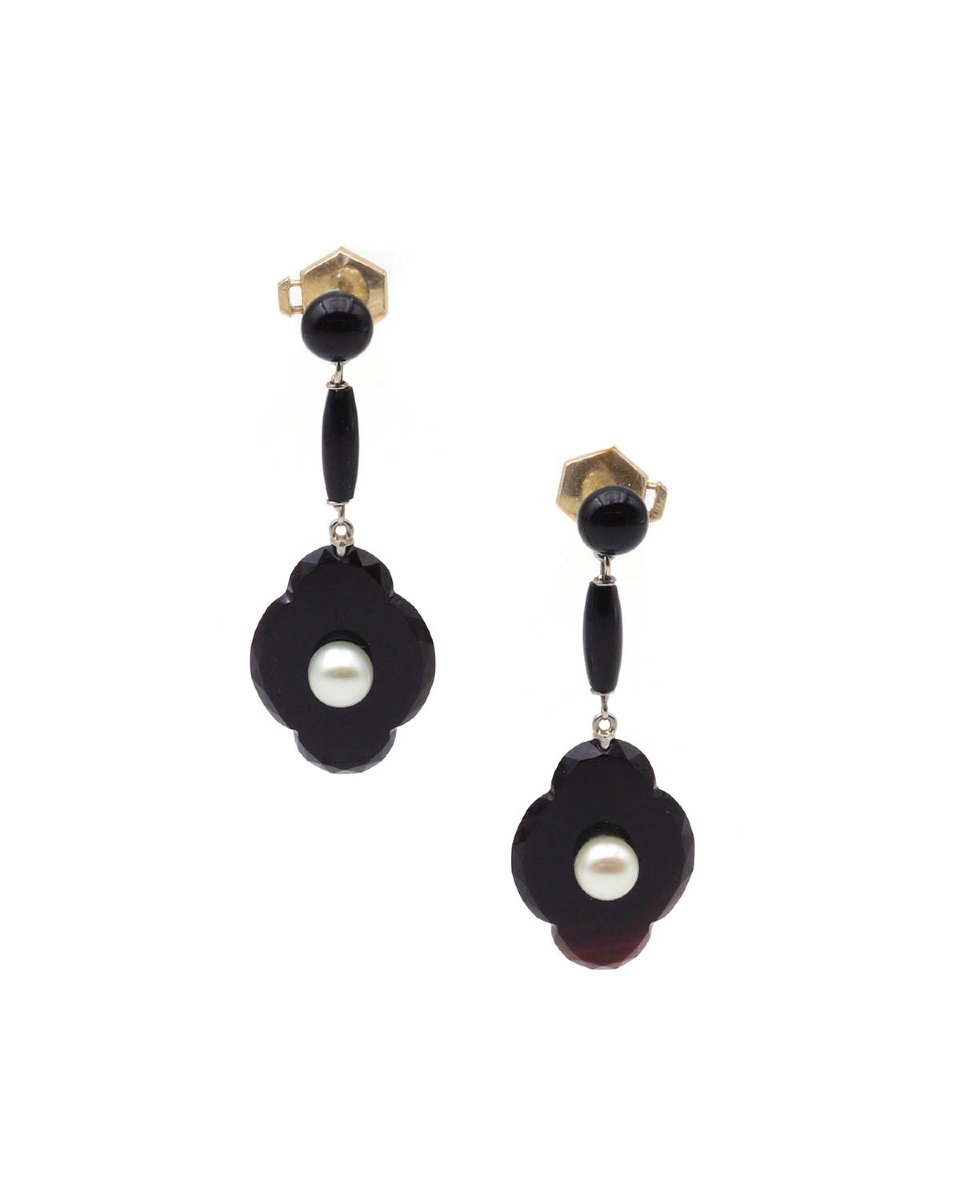 Antique French Gold Earrings With Onyx And Pearls, Gold And Platinum -photo-3