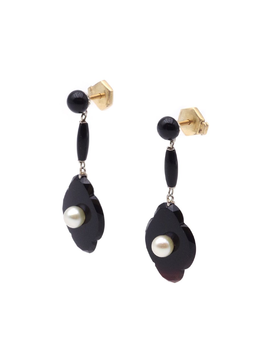Antique French Gold Earrings With Onyx And Pearls, Gold And Platinum -photo-1