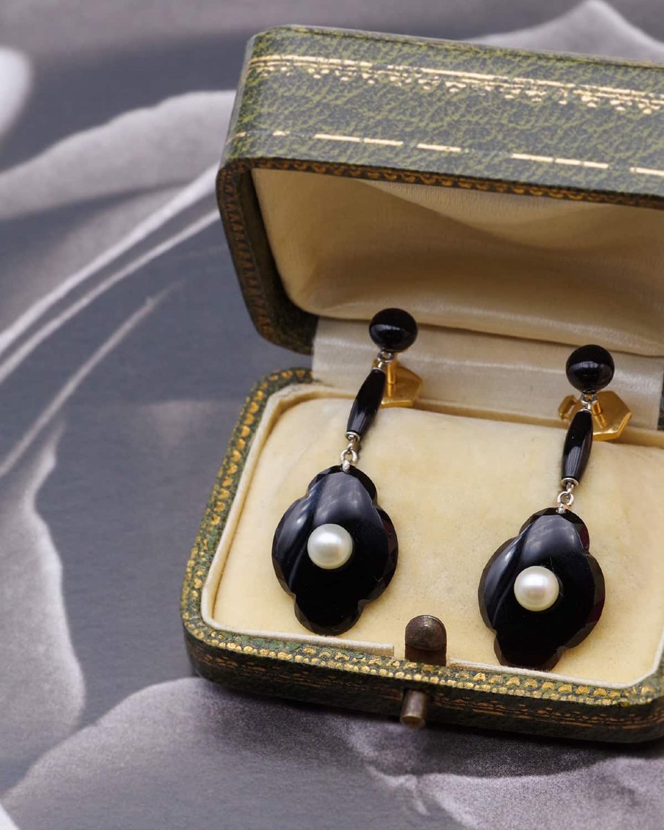 Antique French Gold Earrings With Onyx And Pearls, Gold And Platinum -photo-2