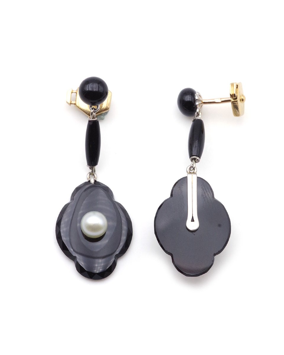 Antique French Gold Earrings With Onyx And Pearls, Gold And Platinum -photo-3