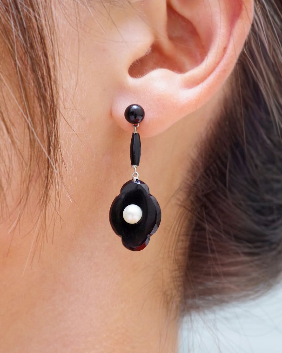 Antique French Gold Earrings With Onyx And Pearls, Gold And Platinum 