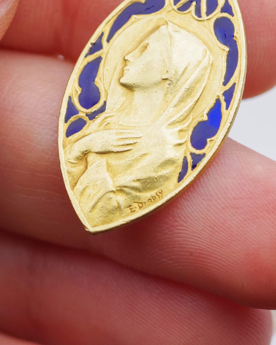 Médaille Dropsy Vierge Marie en or 18 karats, art nouveau -photo-4