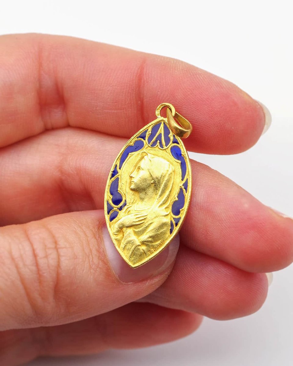 Médaille Dropsy Vierge Marie en or 18 karats, art nouveau 