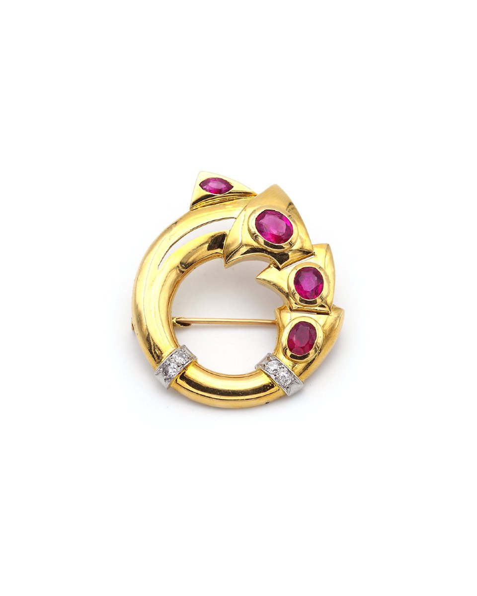Broche circulaire rubis 2.2 cts non chauffés, diamants en or 18 karats et platine-photo-3