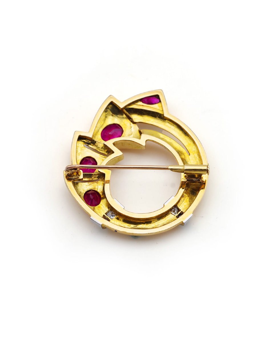 Broche circulaire rubis 2.2 cts non chauffés, diamants en or 18 karats et platine-photo-2