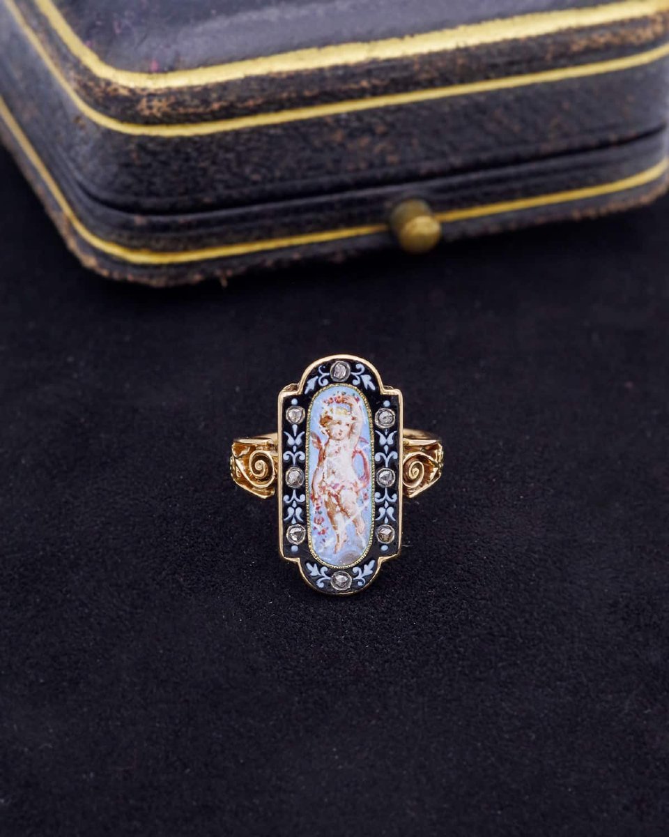 Bague émail ange diamants en or 18 karats, bijou Napoléon III-photo-3