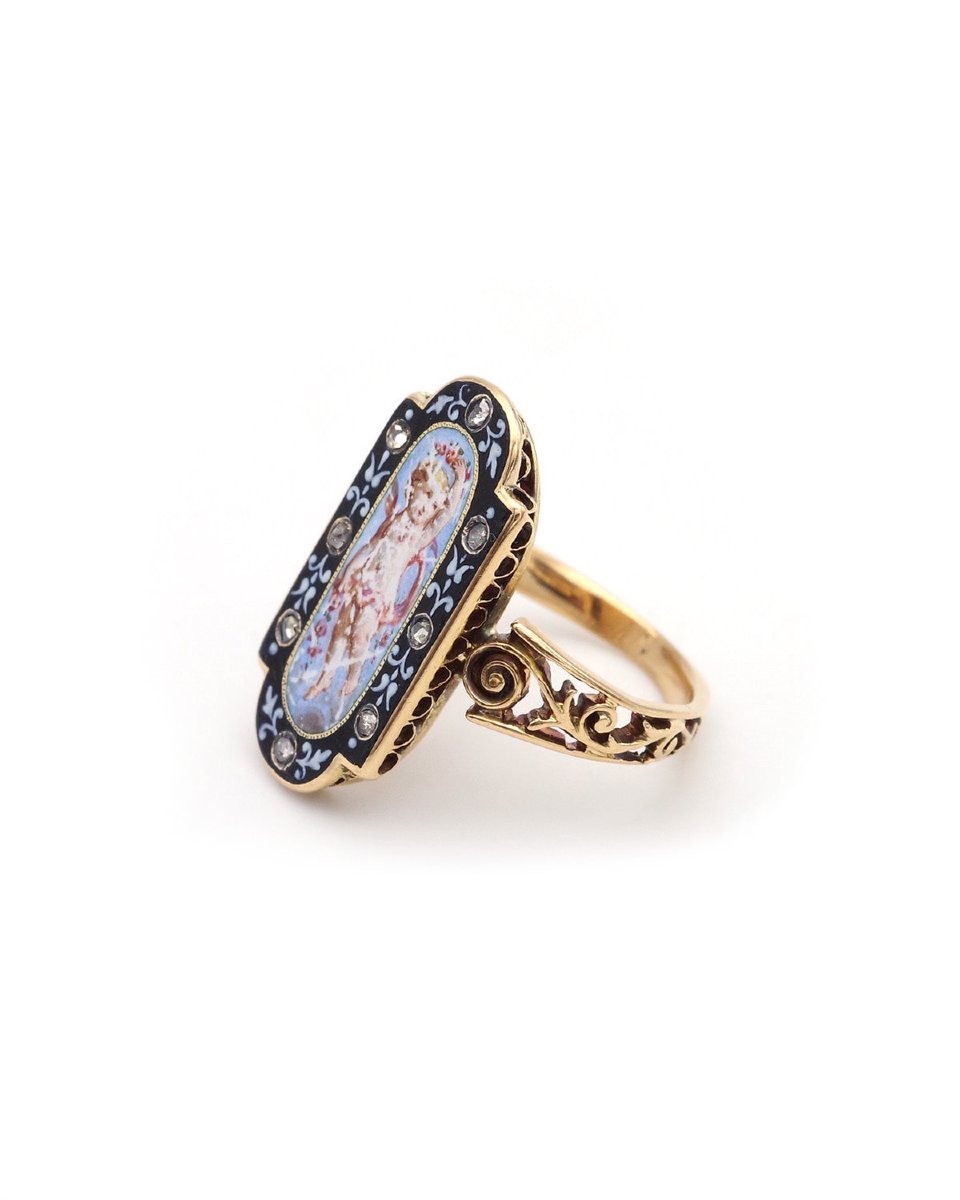 Bague émail ange diamants en or 18 karats, bijou Napoléon III-photo-1