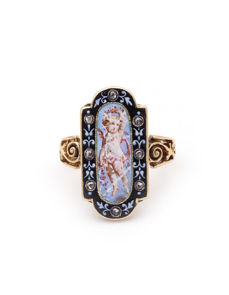 Bague émail ange diamants en or 18 karats, bijou Napoléon III