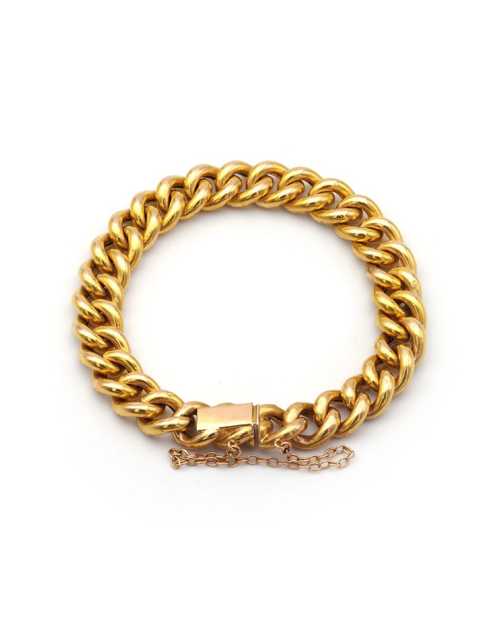 Antique 1900s French Butter Gold Curb Link Bracelet, Scale Engraved Pattern Mesh Chain Bracelet-photo-2