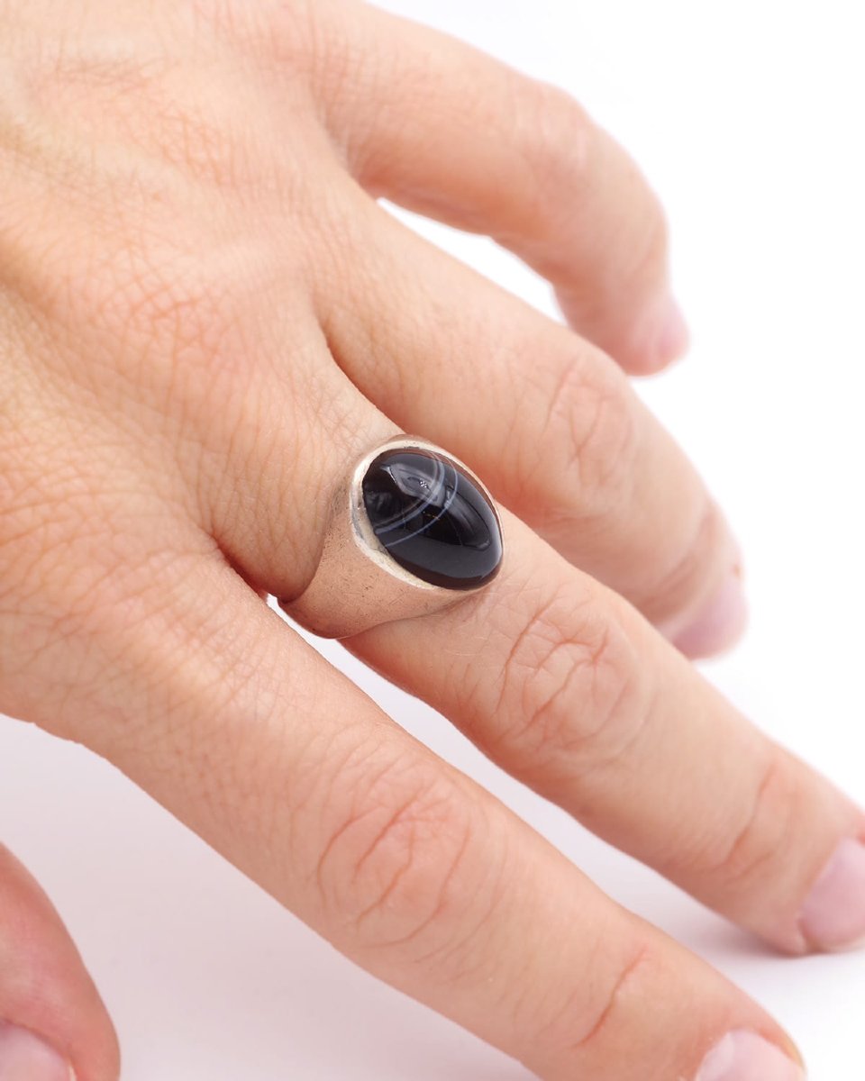 Black Banded Agate Ring In Silver, With A Cabochon And Onyx-photo-2