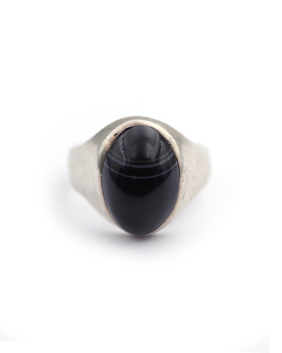 Black Banded Agate Ring In Silver, With A Cabochon And Onyx